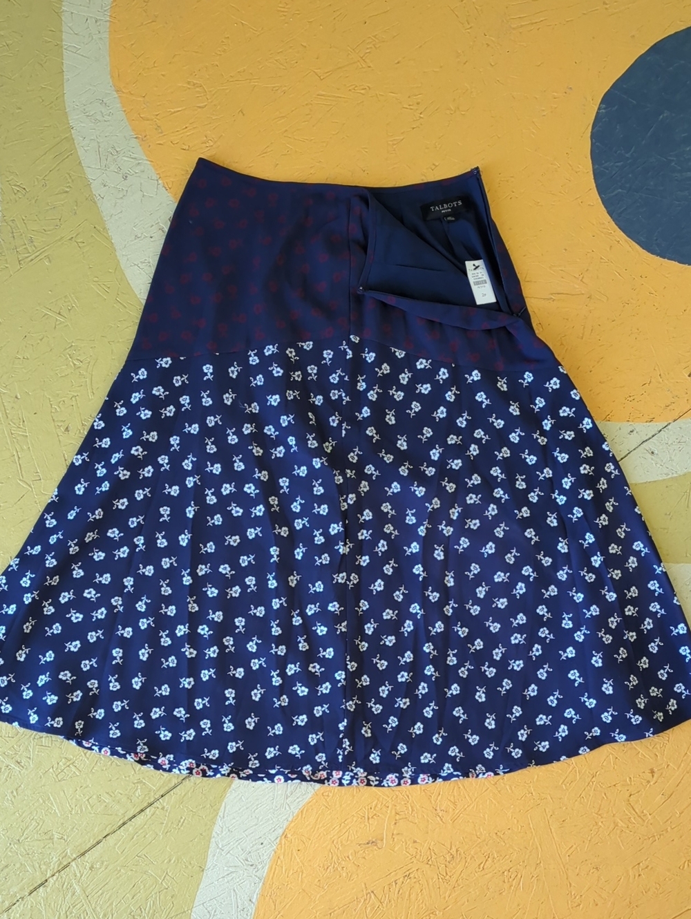 Talbots Navy Floral A-Line Skirt with Subtle Maroon Detail